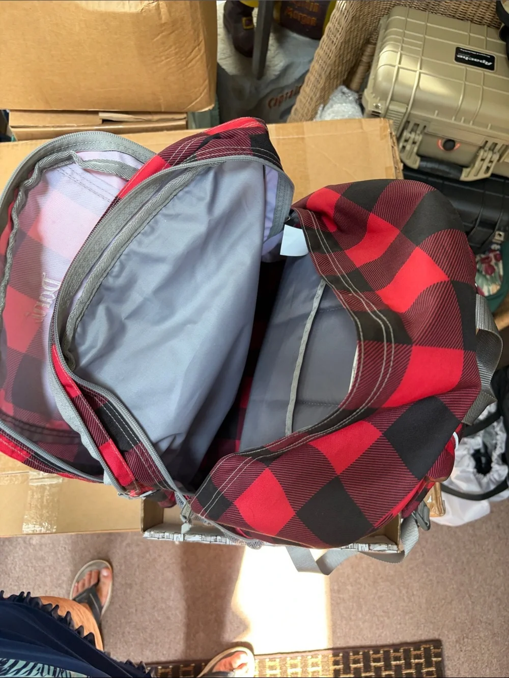 L.L. Bean Red and Black Buffalo Plaid Backpack with Gray Accents
